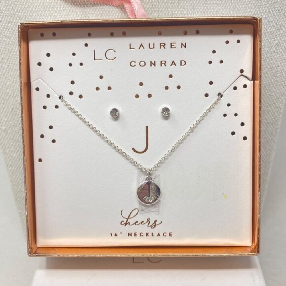 Lauren Conrad Letter J Monogram Necklace & Earring Set Gold-Tone‎ 16" Chain New